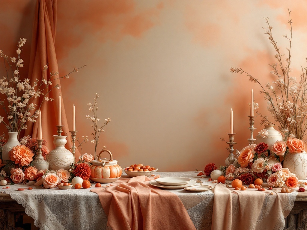 A beautifully arranged wedding table with terracotta and lace elements, featuring flowers, candles, and vintage tableware.