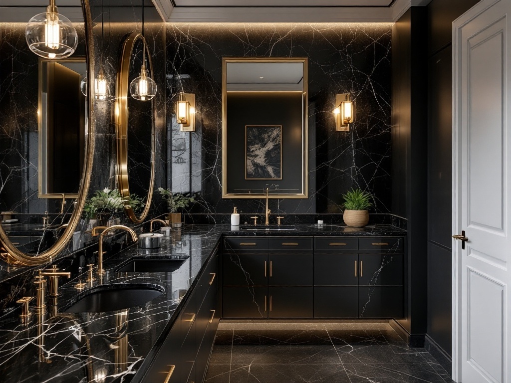 A modern bathroom featuring black marble walls and countertops, gold fixtures, and stylish mirrors.