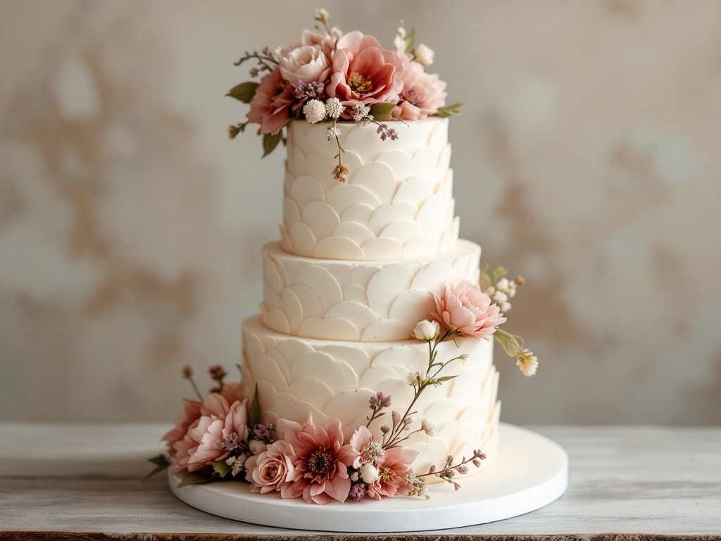 A three-tier wedding cake with delicate petal layers, adorned with soft pink flowers and greenery.