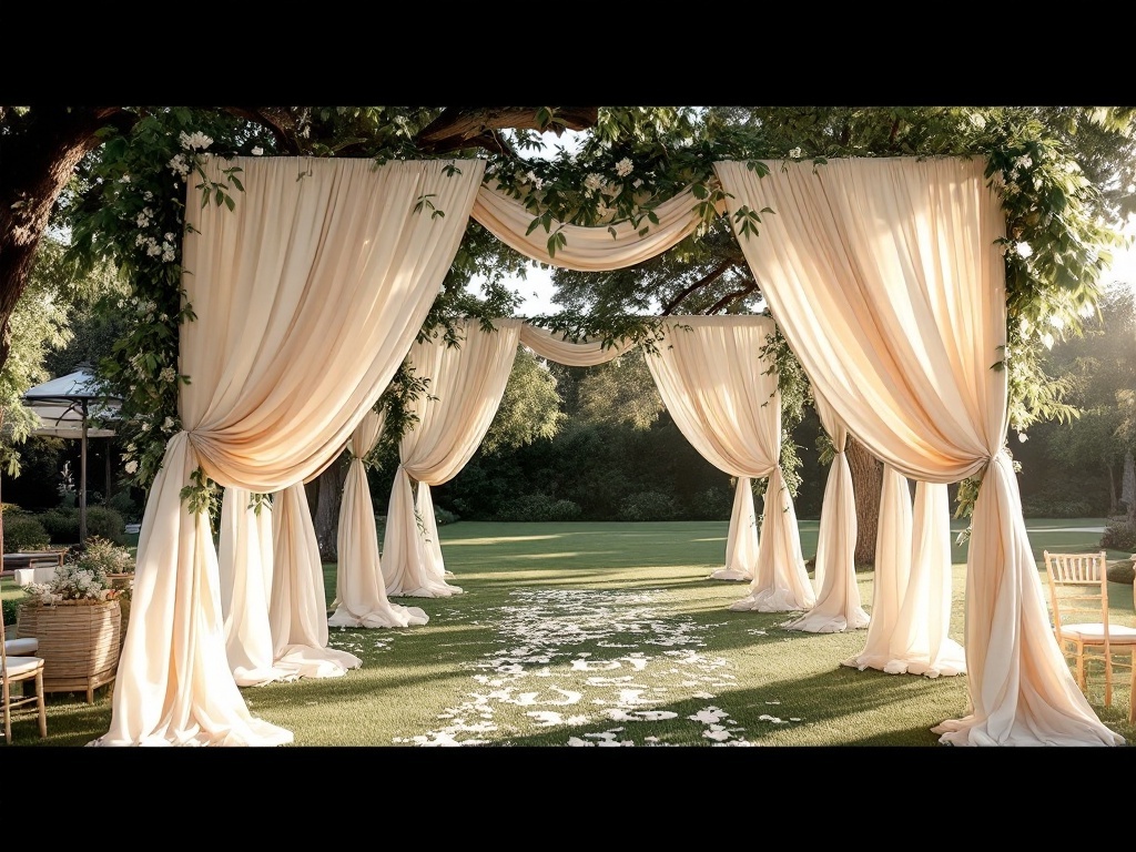 A beautiful backyard wedding setup with draped fabrics and floral accents.