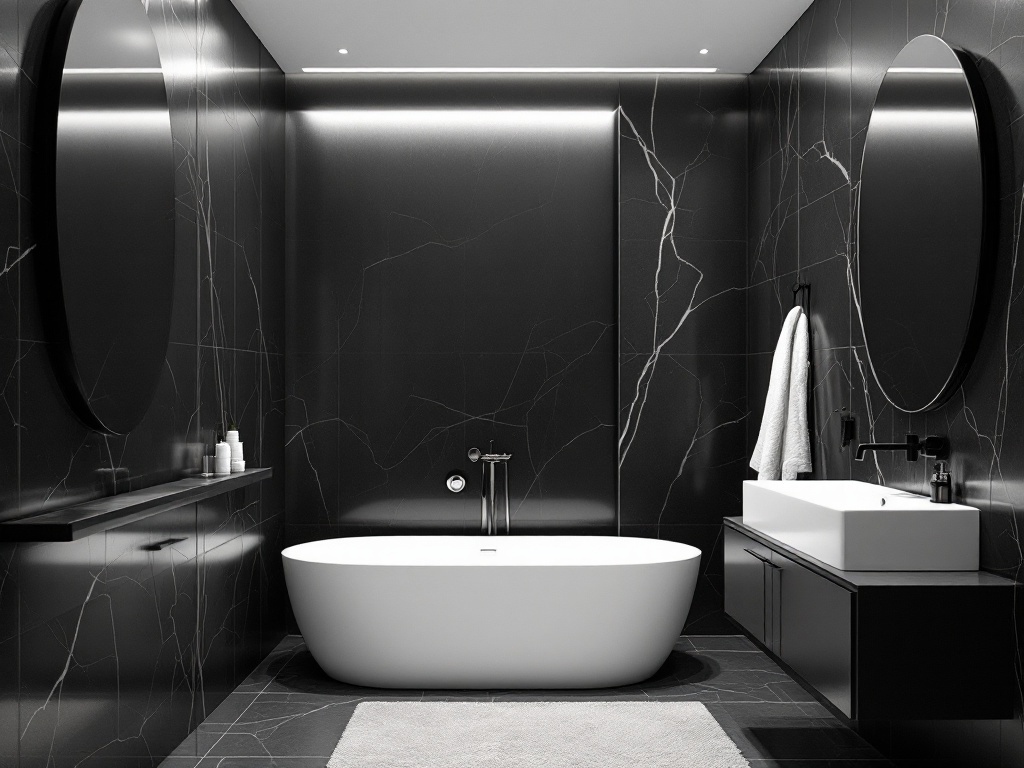 A modern bathroom featuring black walls with white veining, a white freestanding bathtub, round mirrors, and a minimalist design.