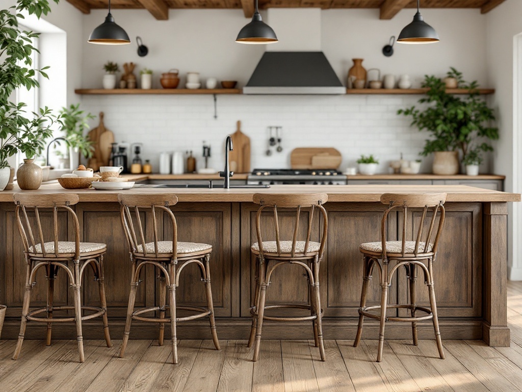 Rustic kitchen with wooden bar stools and greenery