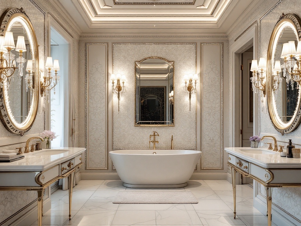 Luxurious bathroom with crystal accents, elegant lighting, and intricate wall designs.