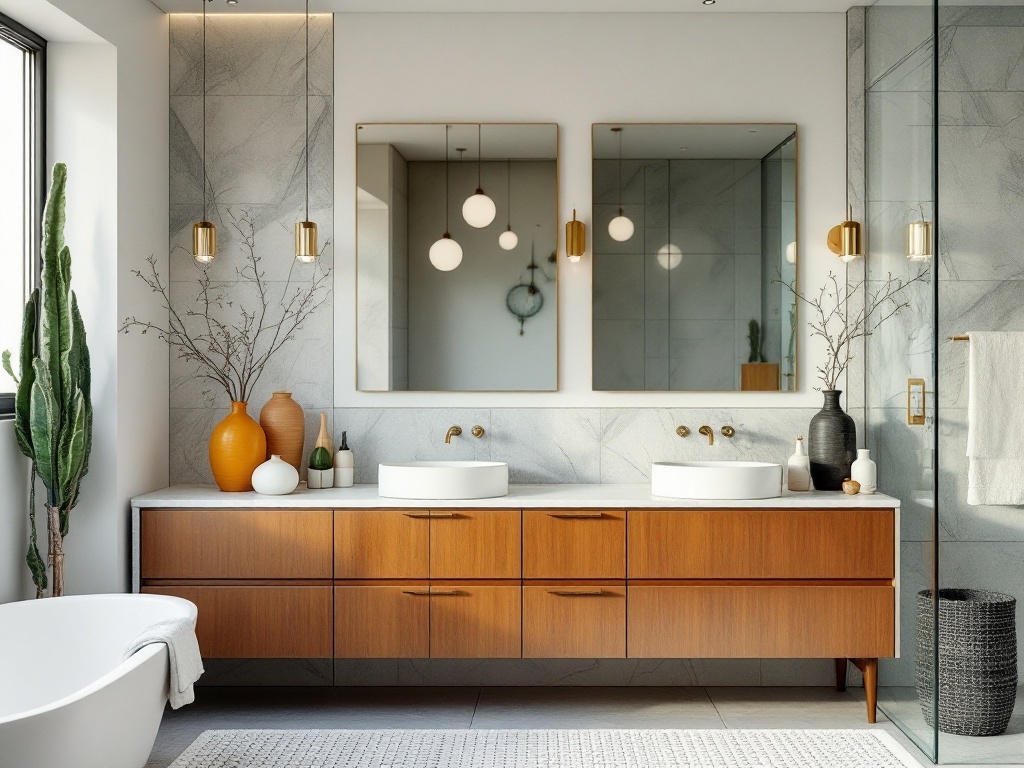 A mid-century modern bathroom featuring a wooden vanity, round sinks, gold fixtures, and decorative elements like vases and plants.