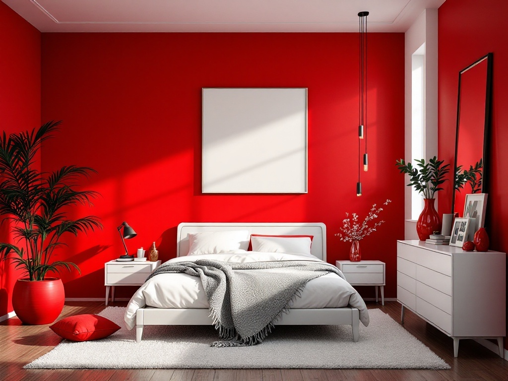 A modern bedroom featuring bold red walls, white furniture, and cozy decor.