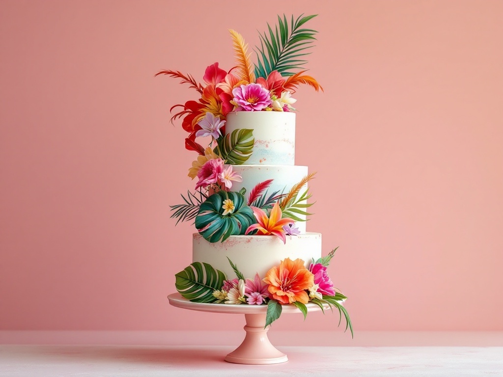 A three-tiered wedding cake decorated with vibrant tropical flowers and greenery against a pink background.