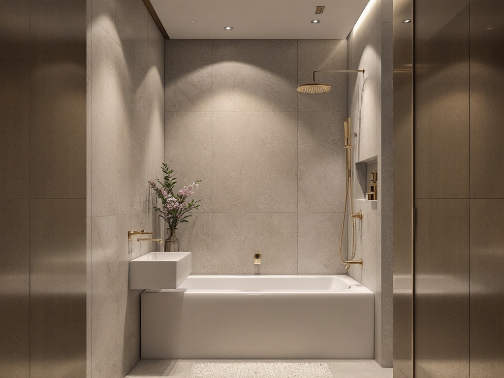 A narrow bathroom featuring a modern bathtub, gold fixtures, and soft lighting, creating a spa-like atmosphere.