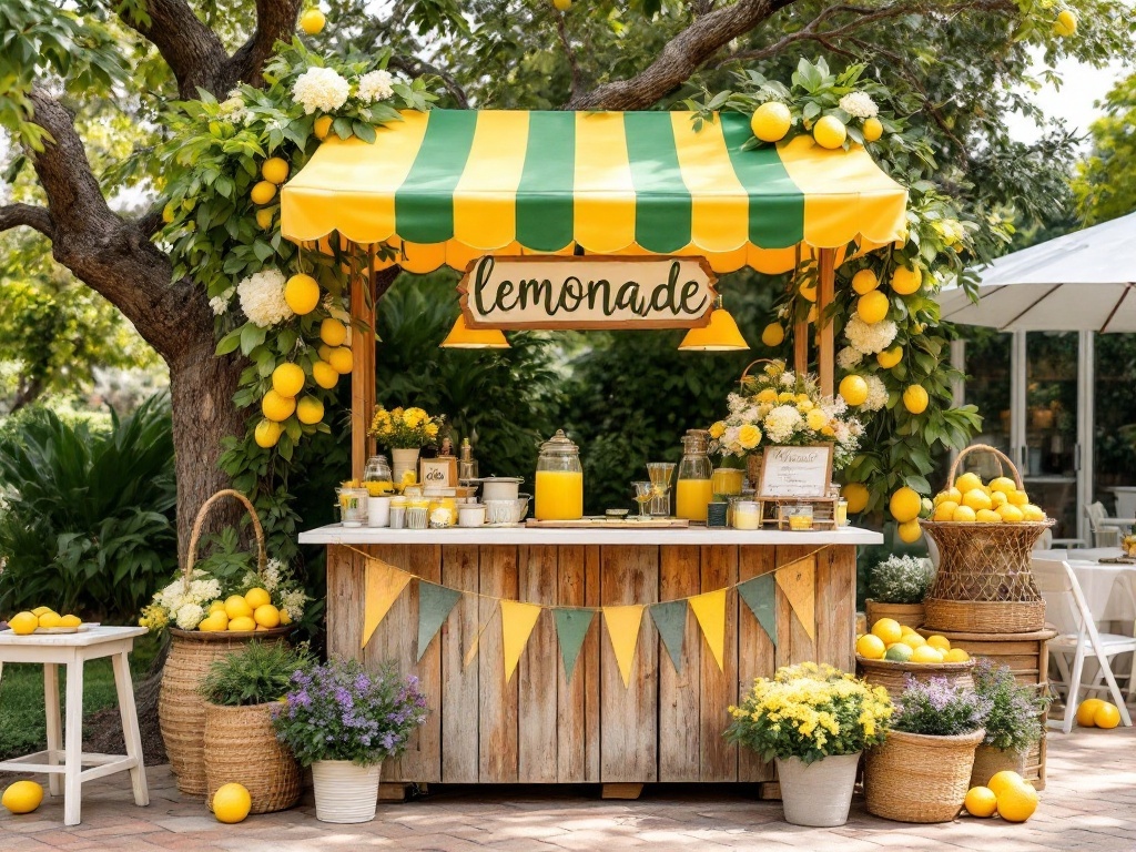 A charming lemonade stand with a yellow and green striped canopy, surrounded by lemons and flowers.
