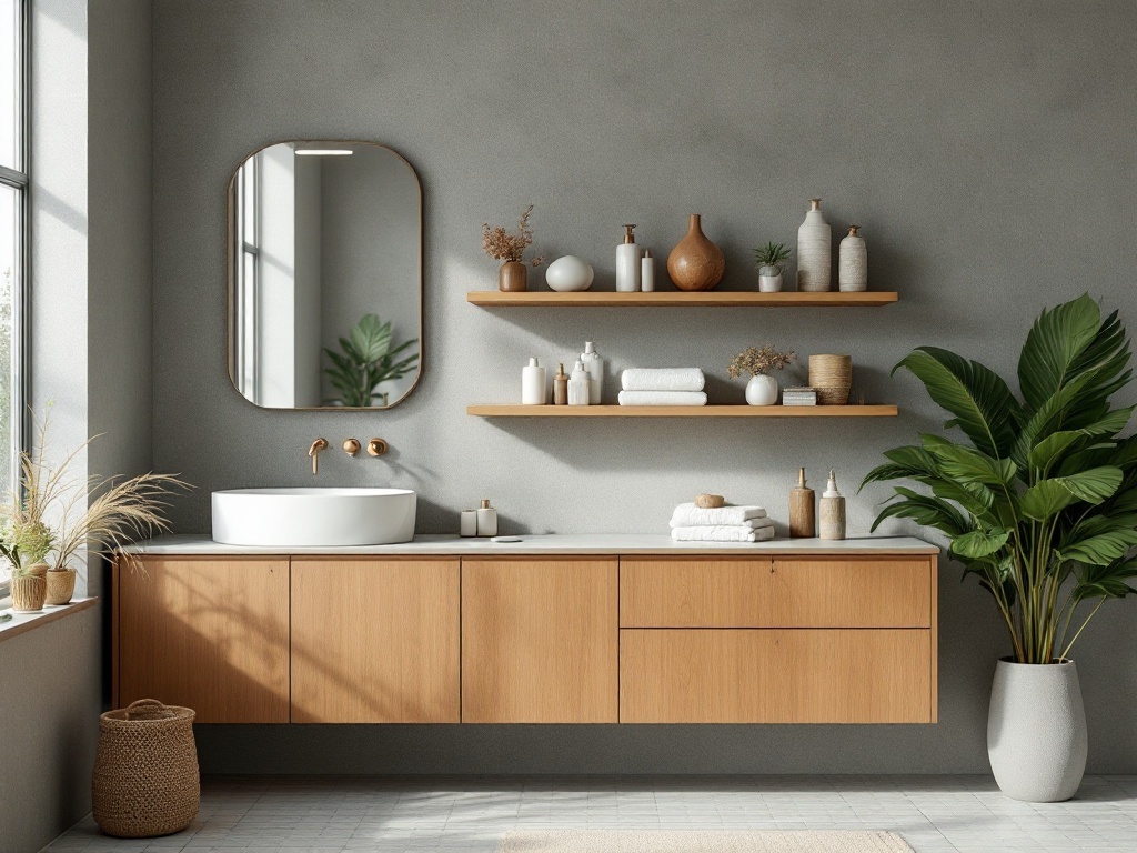 Mid-century modern bathroom with open shelving displaying towels and decorative items.