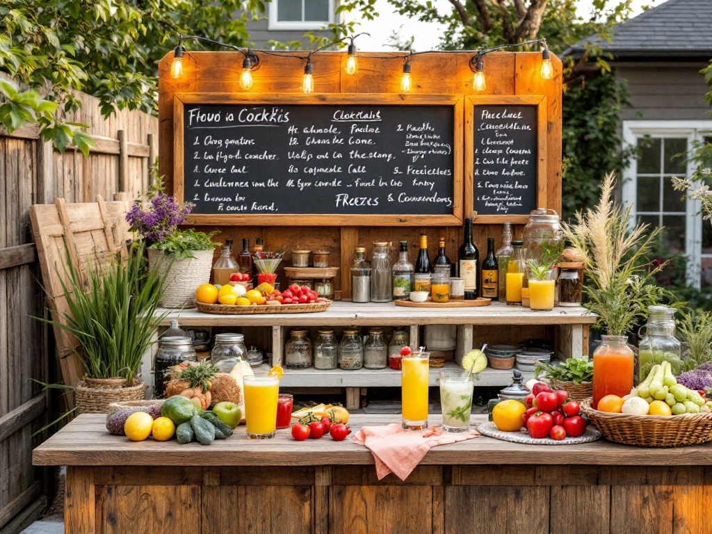 A backyard wedding drink station featuring a wooden bar with fresh fruits, cocktails, and a chalkboard menu.