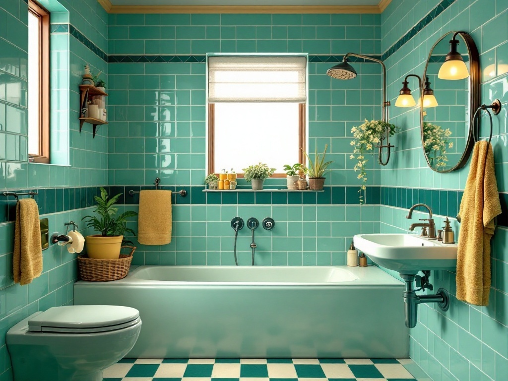 A retro-style bathroom featuring turquoise tiles, checkered floor, and plants.