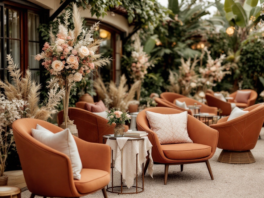 Cozy terracotta chairs arranged with floral decorations in a lush outdoor setting.