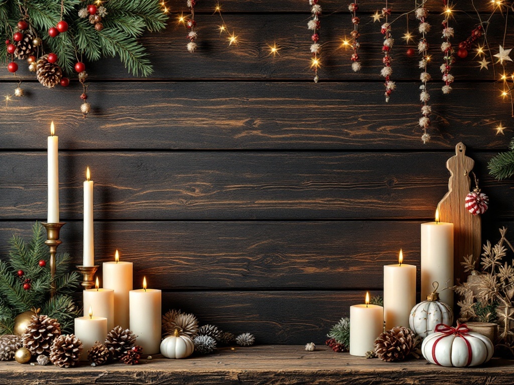A cozy holiday decor scene featuring dark wood accents, candles, pinecones, and evergreen branches.