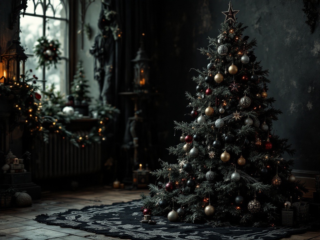 A Gothic-inspired Christmas tree decorated with dark ornaments and warm lights in a moody room.