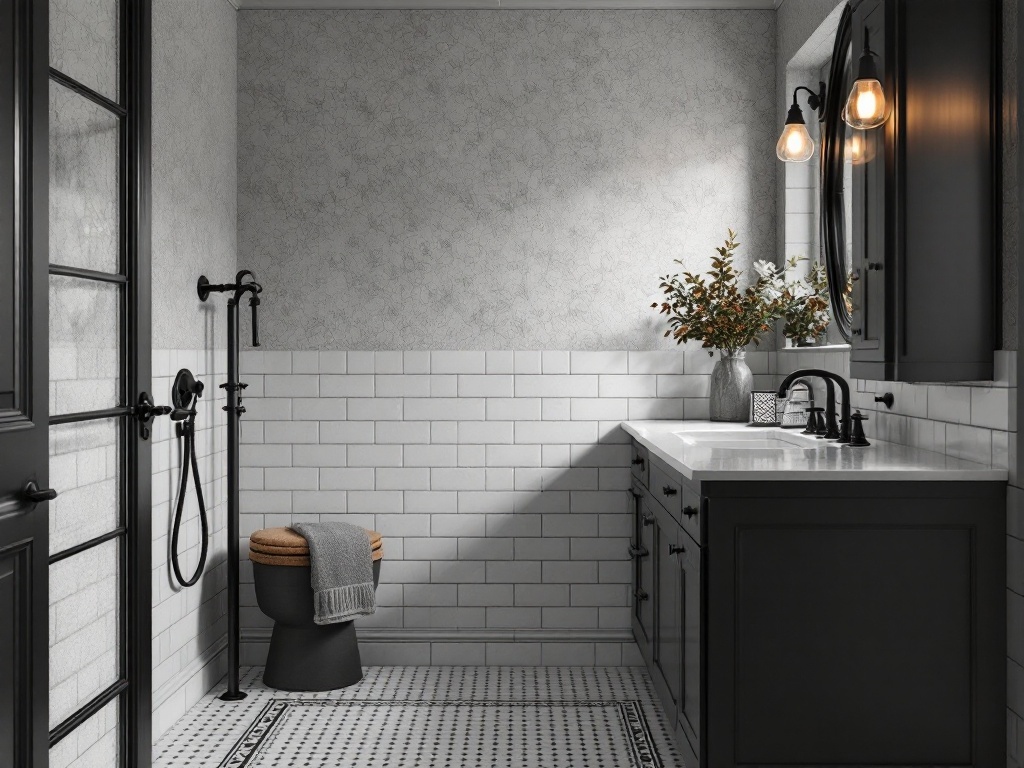A modern bathroom featuring vintage black fixtures, light tiles, and patterned floor tiles.