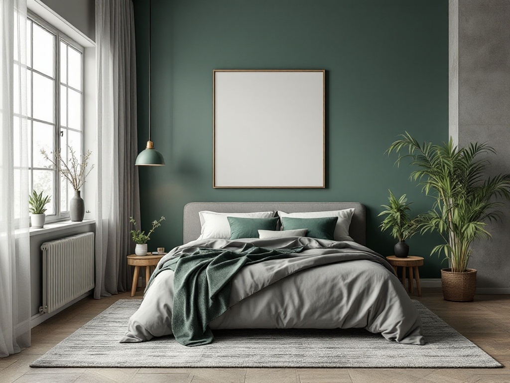 A bedroom featuring sage green walls, gray bedding, and natural light from a window.