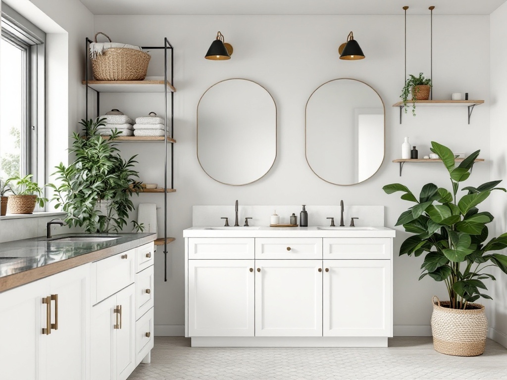 A stylish mid-century modern bathroom featuring open shelving, a sleek vanity, and plants.