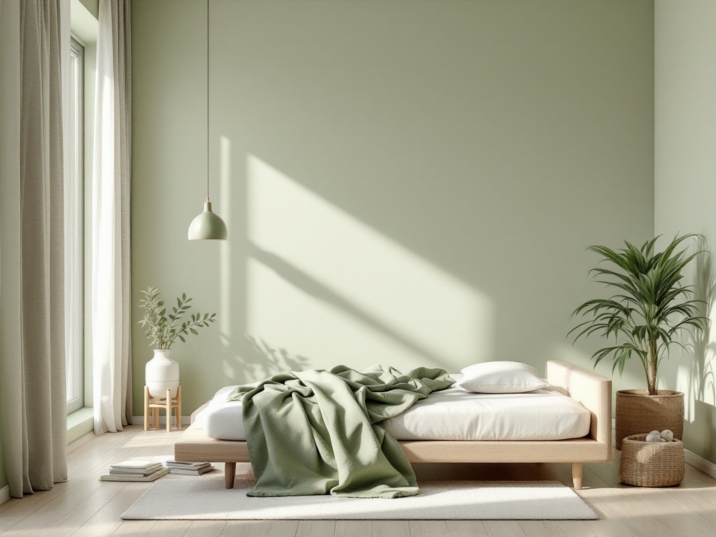 A minimalist bedroom featuring sage green walls, a wooden bed, and natural light.