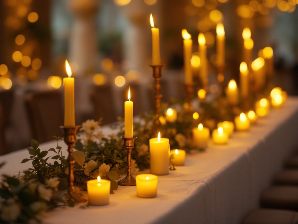 A table decorated with yellow candles of various heights, surrounded by greenery and flowers, creating a warm and inviting atmosphere.