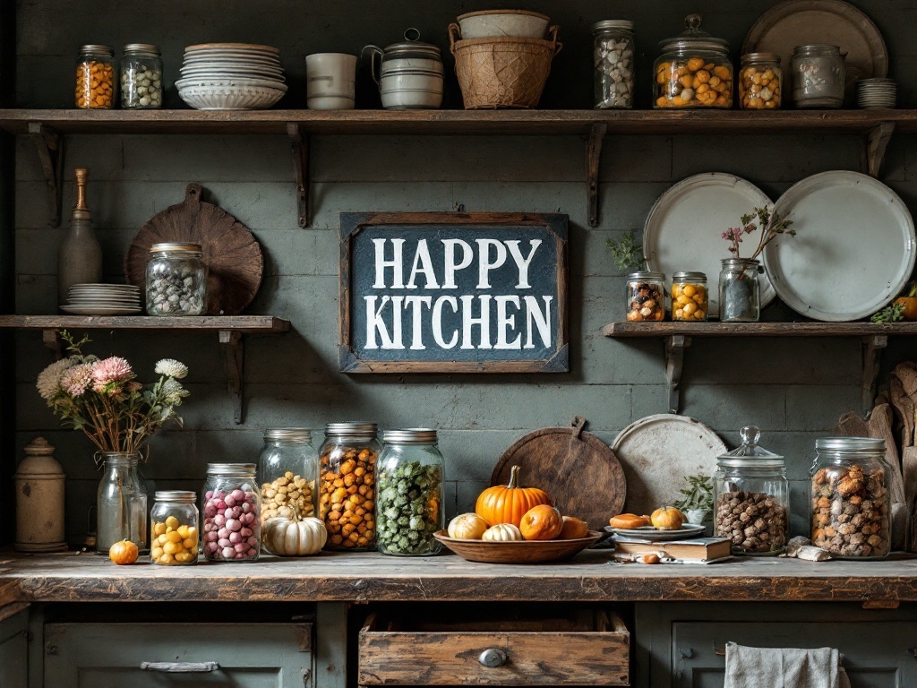A rustic kitchen with decorative mason jars filled with colorful ingredients, a sign that says 'Happy Kitchen', and fresh flowers.