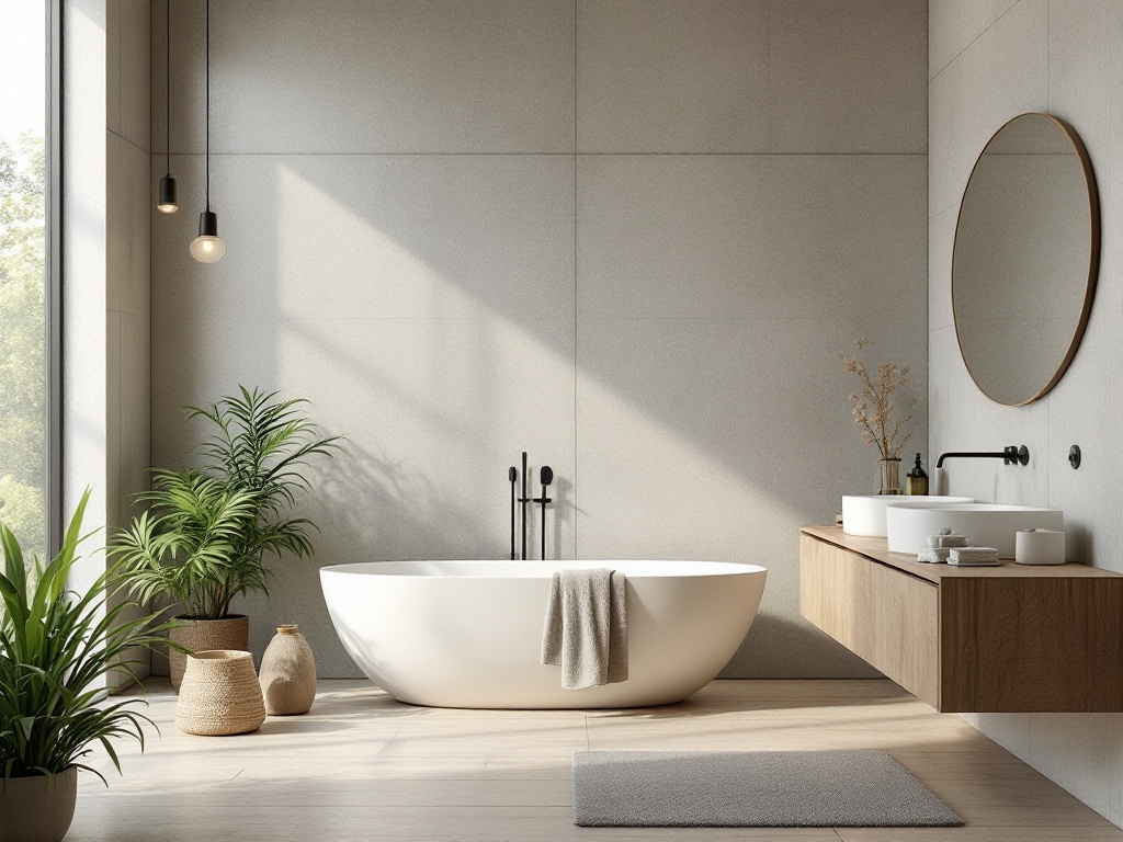 A modern bathroom featuring a freestanding tub, wooden vanity, and plants, emphasizing sustainable materials.