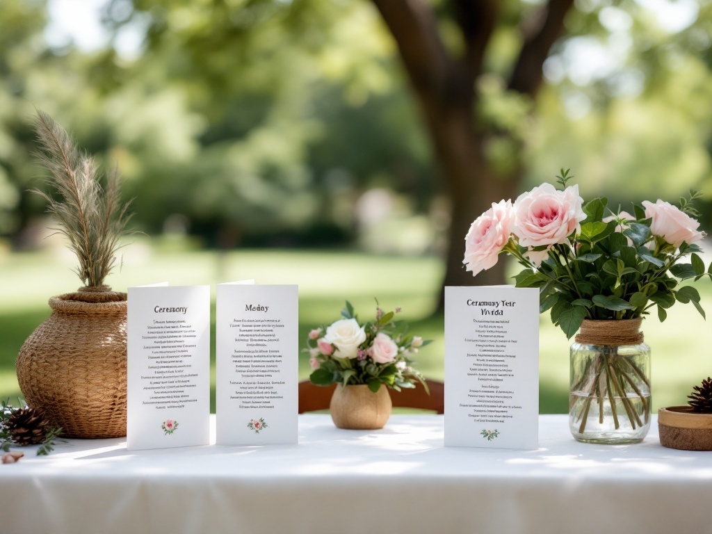 Customized ceremony programs displayed on a table with floral arrangements in a backyard setting.