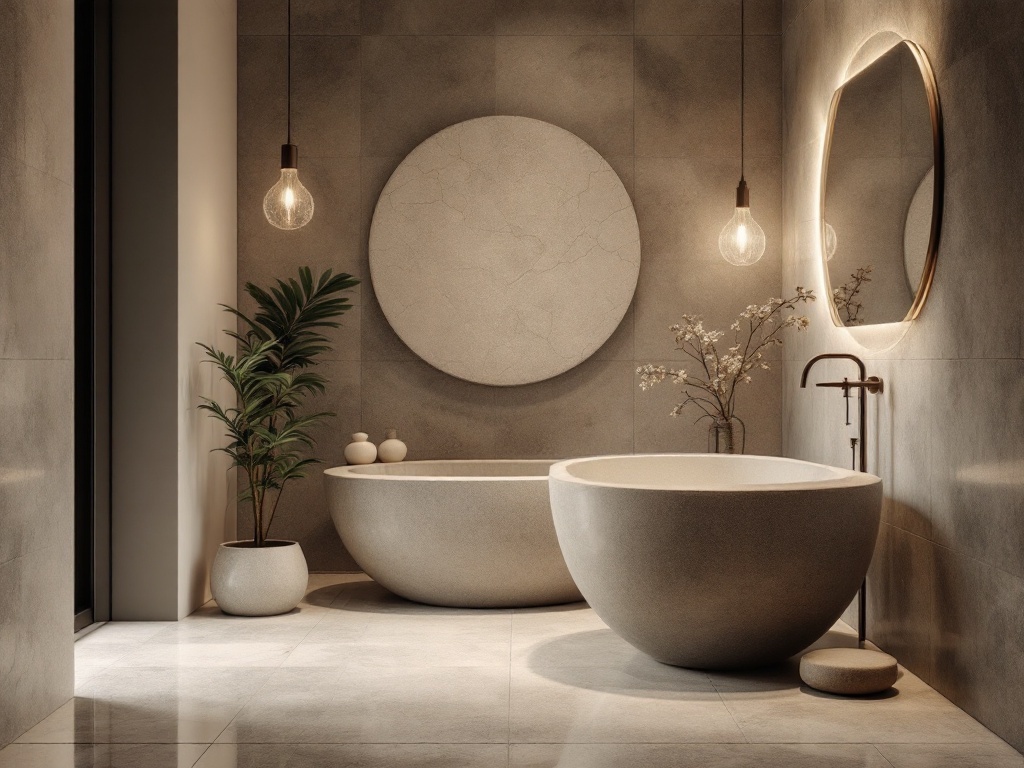 A serene bathroom featuring natural stones, a round bathtub, and warm lighting.