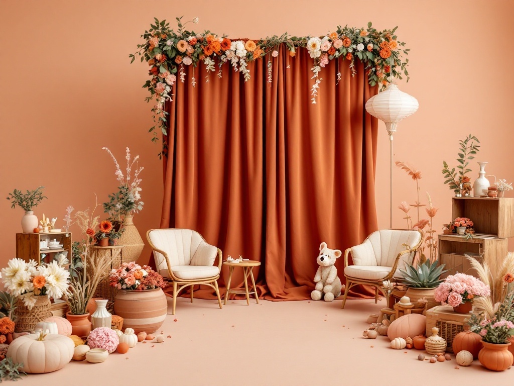 A terracotta-themed photo booth with floral decorations, cozy chairs, and decorative elements.
