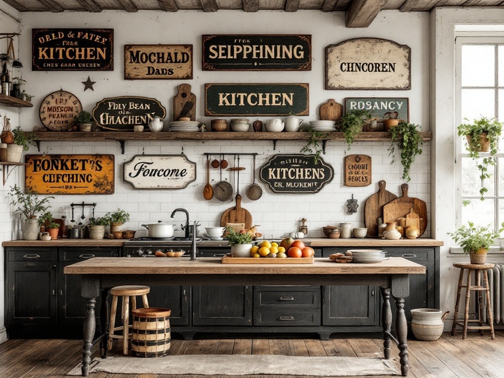 A rustic kitchen featuring vintage wall art and signs, showcasing a warm and inviting atmosphere.
