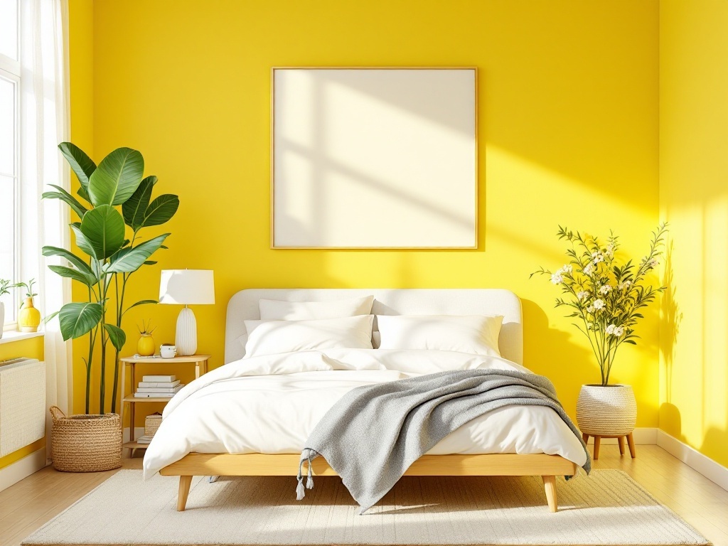 A bright bedroom with lemon yellow walls, white bedding, and green plants.