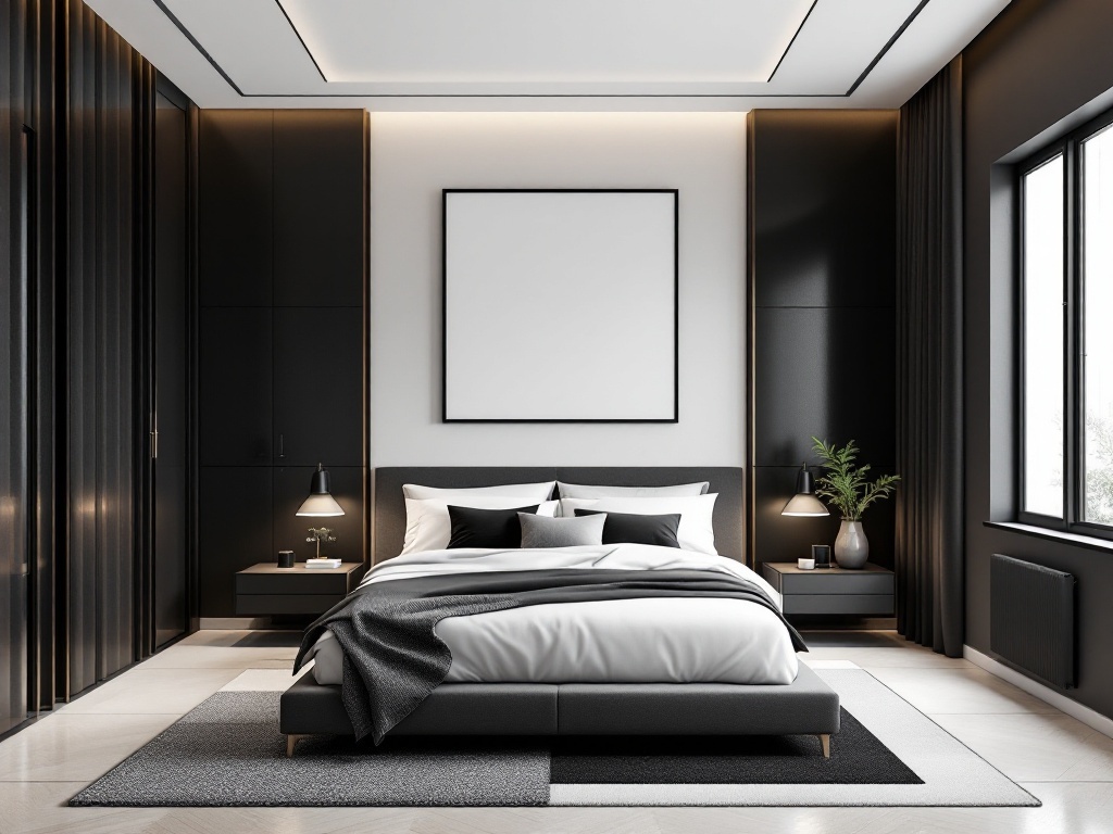 A modern bedroom featuring a black and white color scheme with a bed, nightstands, and a potted plant.