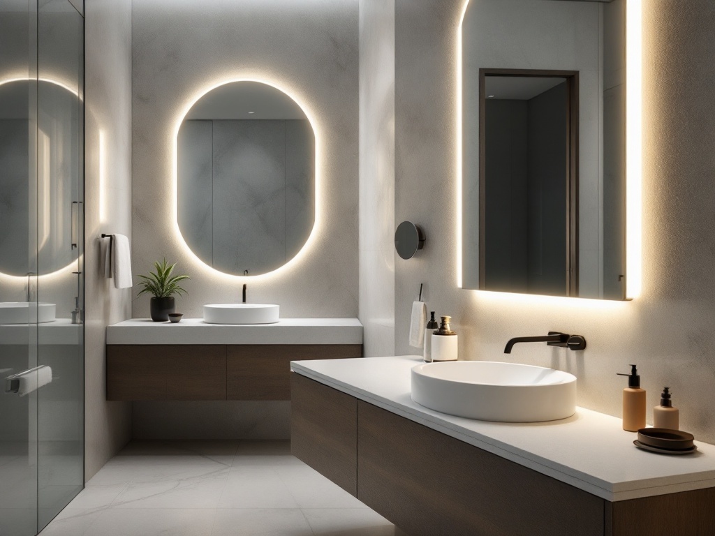 A modern bathroom featuring illuminated mirrors, a sleek sink, and minimalist design.
