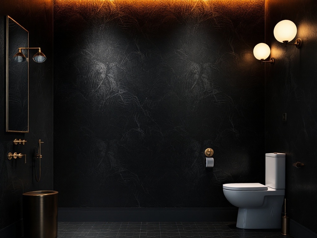 A modern bathroom featuring dark wallpaper, gold fixtures, and soft lighting.
