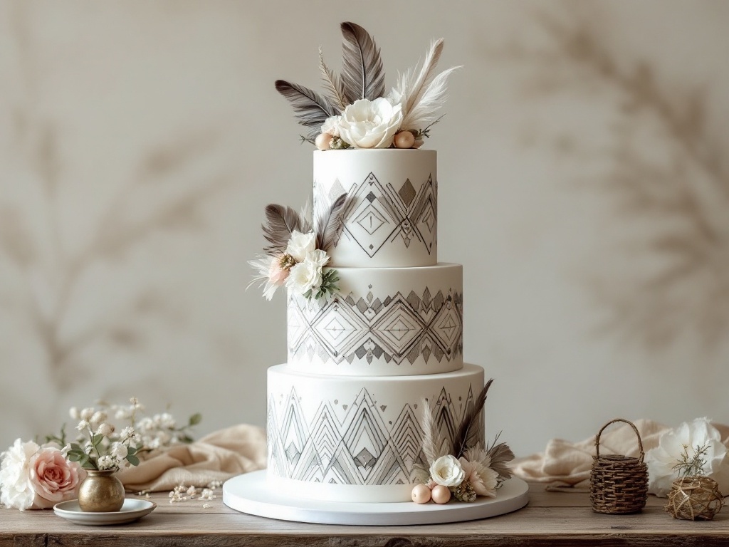 A three-tier wedding cake with geometric patterns and feathers, decorated with flowers.
