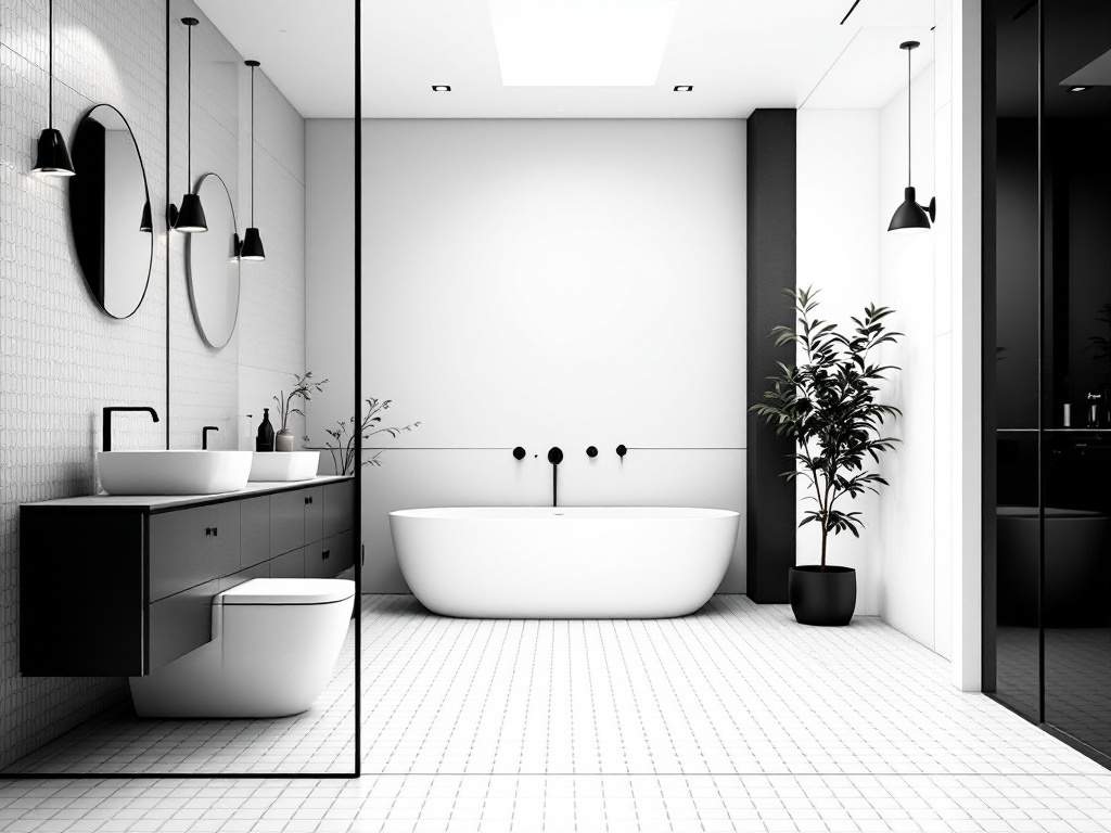 A modern minimalist bathroom featuring a freestanding tub, black and white decor, and plants.