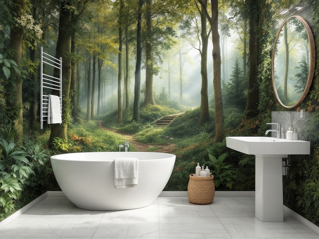 A bathroom with a nature-inspired mural depicting a forest path, featuring a white freestanding tub and modern fixtures.