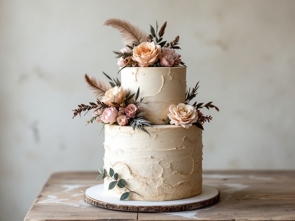 A two-tier boho wedding cake with a textured buttercream finish, decorated with flowers and feathers.