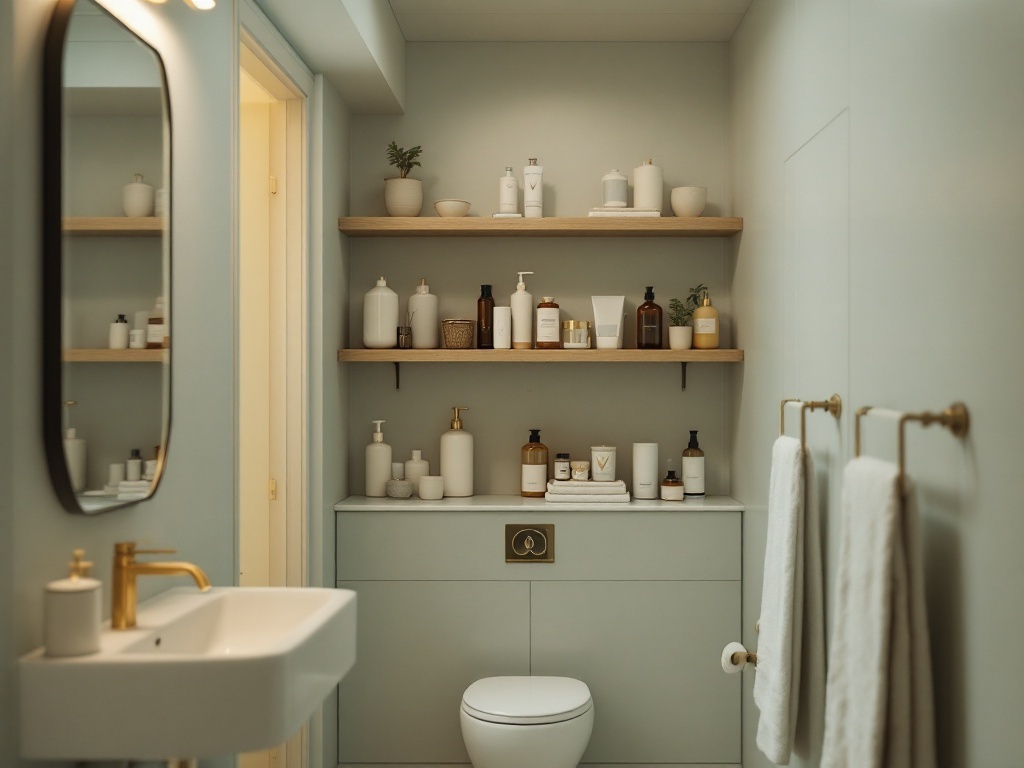 Narrow bathroom with open shelving displaying various toiletries and decor.