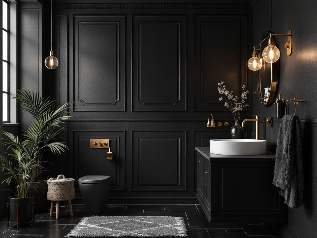Modern bathroom featuring black walls and gold accents