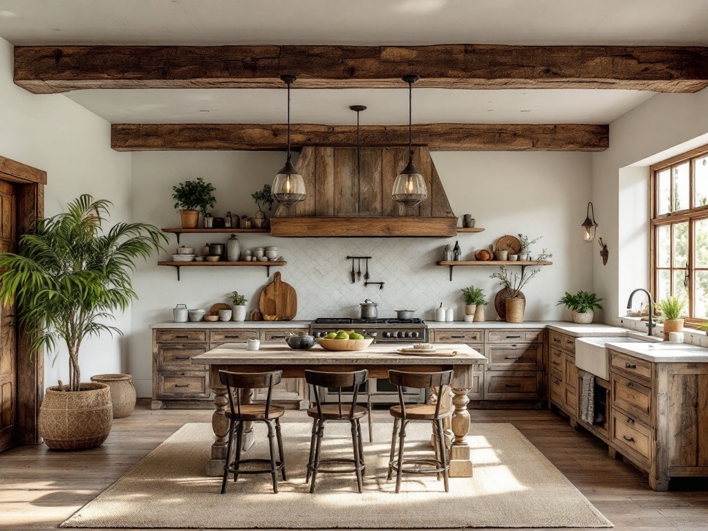 A rustic kitchen featuring reclaimed wood beams, cabinetry, and furniture, creating a warm and inviting atmosphere.