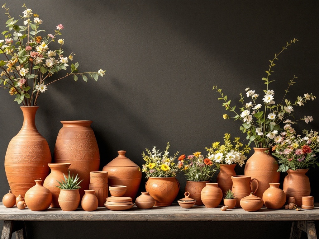 A collection of terracotta pots and vases with flowers arranged on a wooden table.