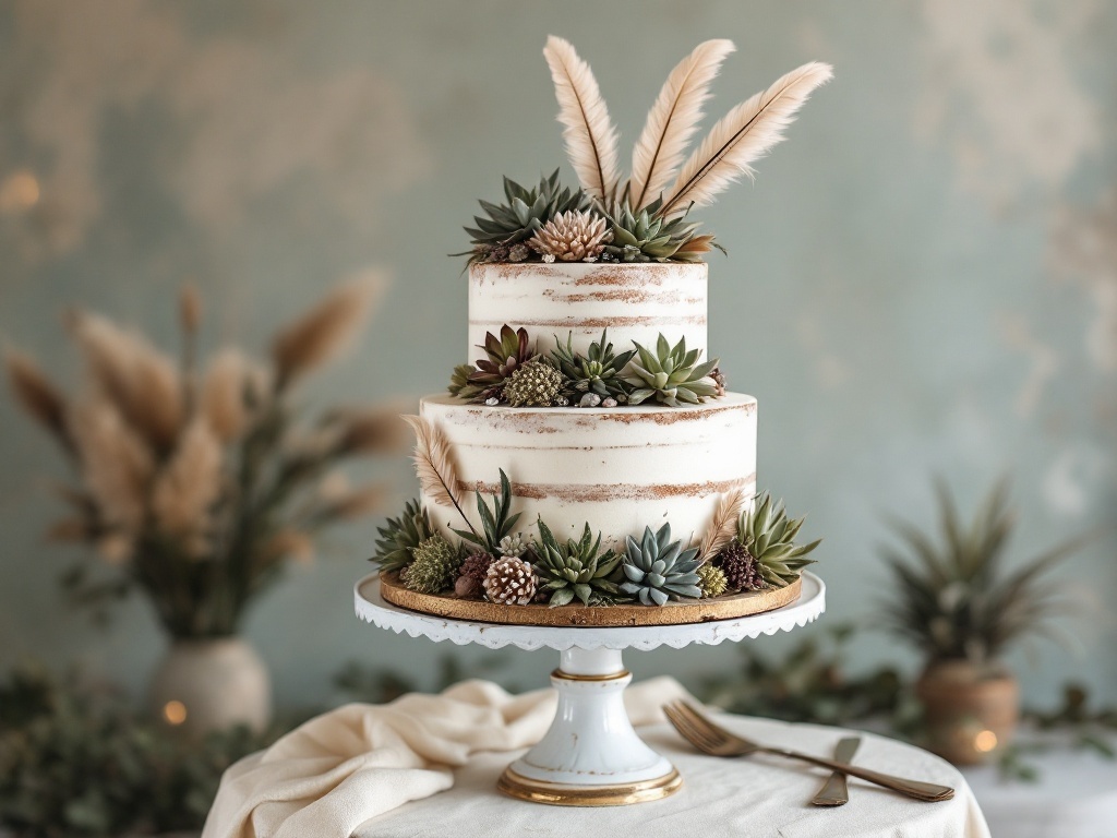 A two-tiered boho wedding cake decorated with succulents and feathers, set against a soft background.