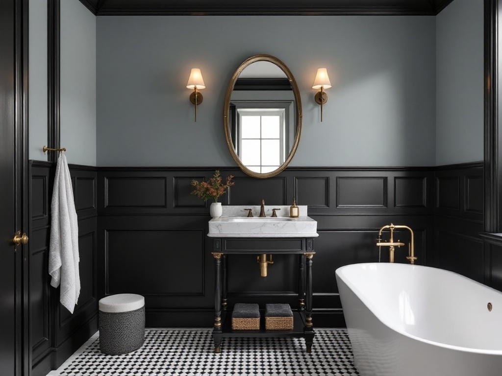 Modern bathroom featuring black wainscoting, a white bathtub, and gold fixtures.