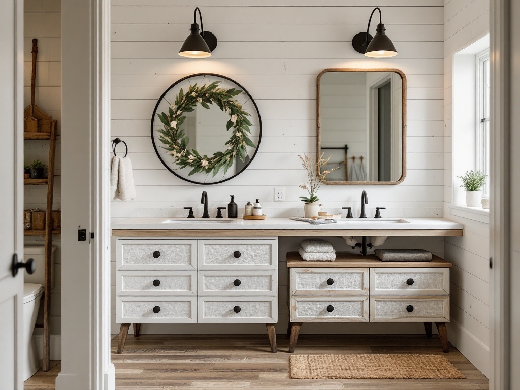 Modern farmhouse bathroom with shiplap walls, double vanity, round mirror, and decorative wreath.