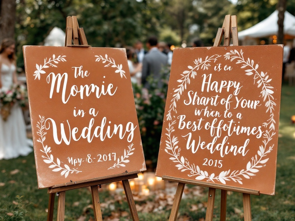 Two terracotta wedding signs on easels with white lettering.