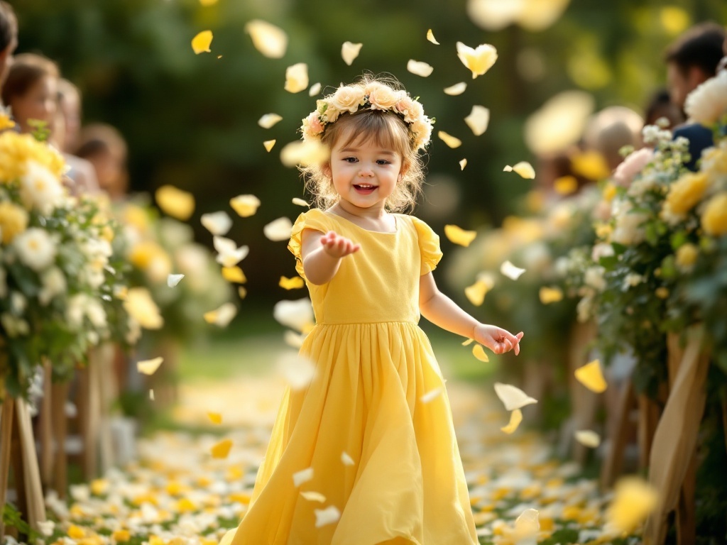 A flower girl in a yellow dress joyfully scattering petals at a wedding.