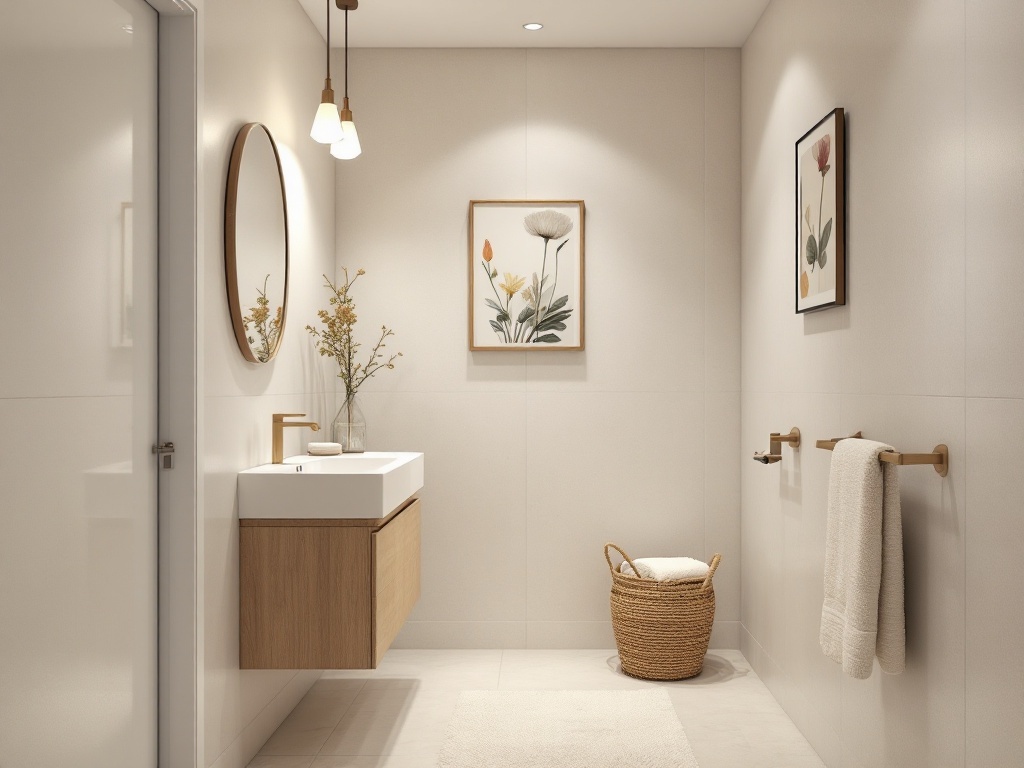 Modern narrow bathroom with wooden vanity, round mirror, and botanical prints