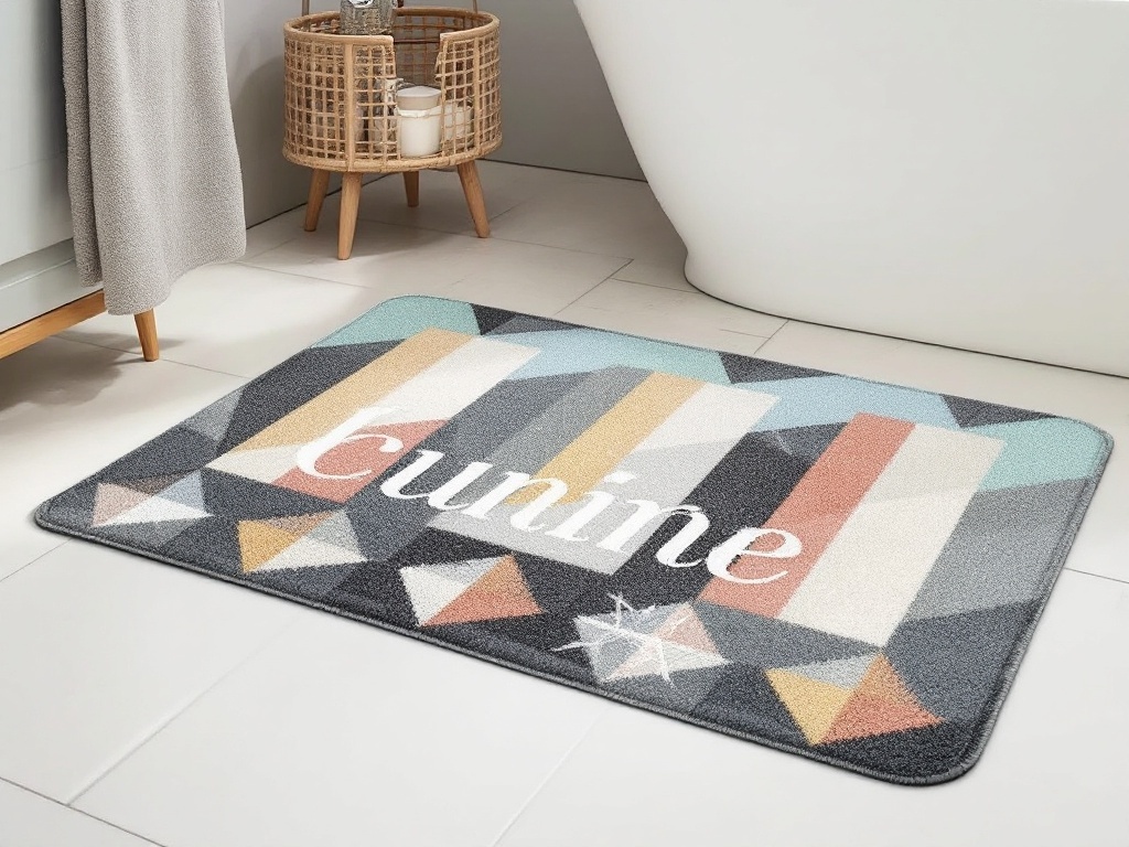 A stylish mid-century modern bath mat with geometric patterns and soft colors.