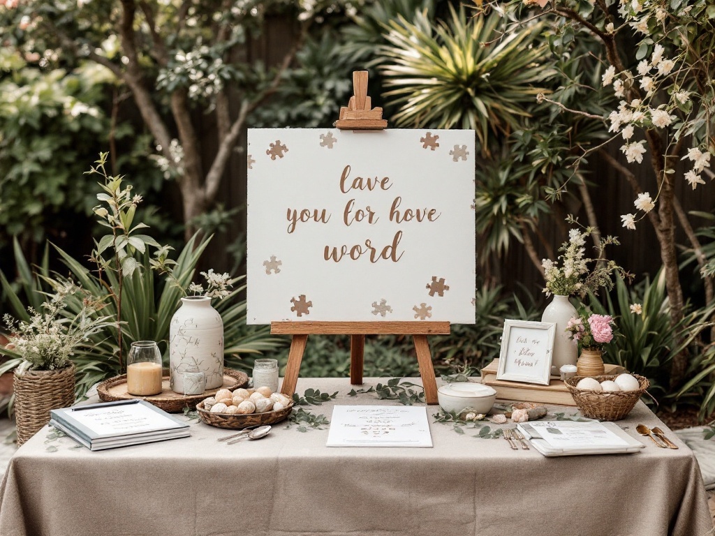 A creative guest book setup featuring a puzzle piece guest book with a sign and decorative elements.