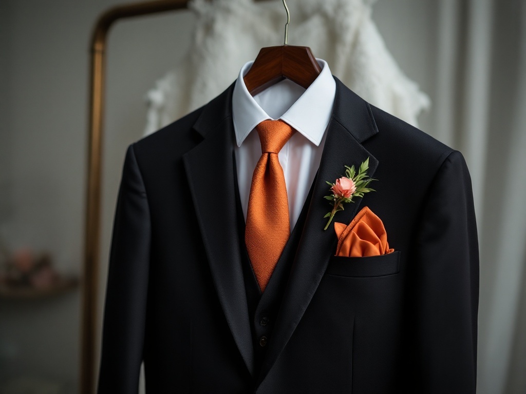 A groom's black suit featuring a terracotta tie, pocket square, and boutonniere.